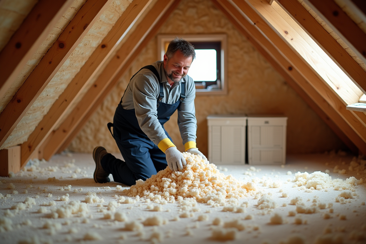 Homme en salopette posant avec isolation cellulose dans un grenier