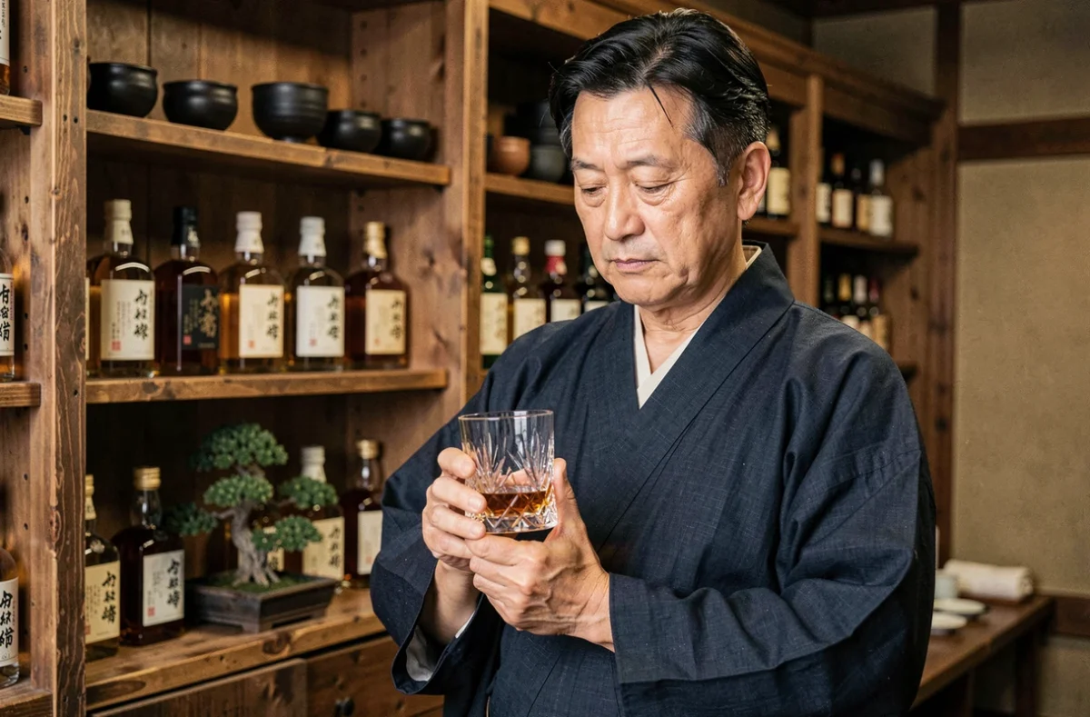 Homme japonais en kimono tenant un verre à whisky en cristal dans un bar japonais traditionnel avec étagères de bouteilles