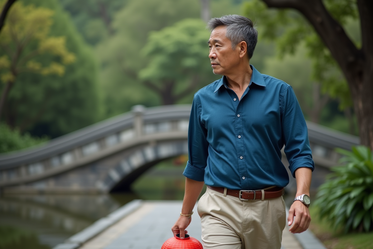 Homme avec lanterne dans un jardin asiatique traditionnel