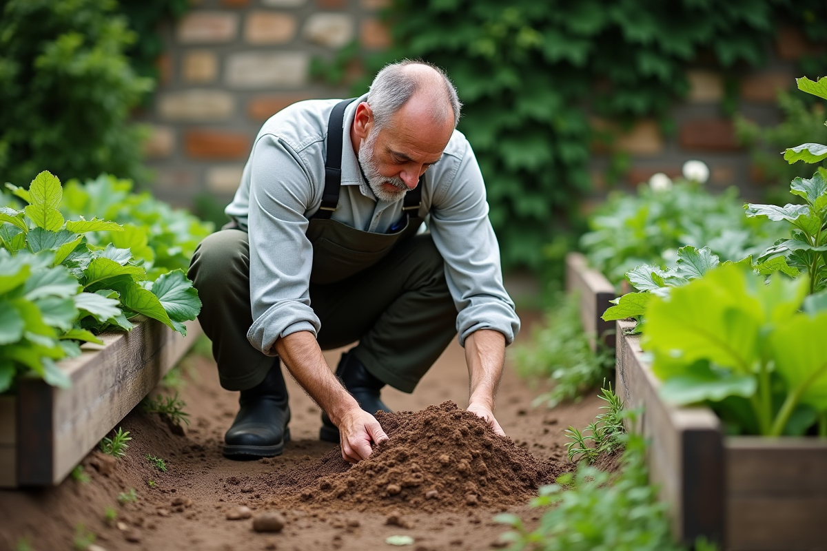 Homme en vêtements de travail étalant compost de donkey dans un jardin