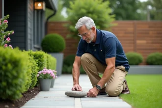 Homme en polo bleu arrangeant des pierres dans le jardin