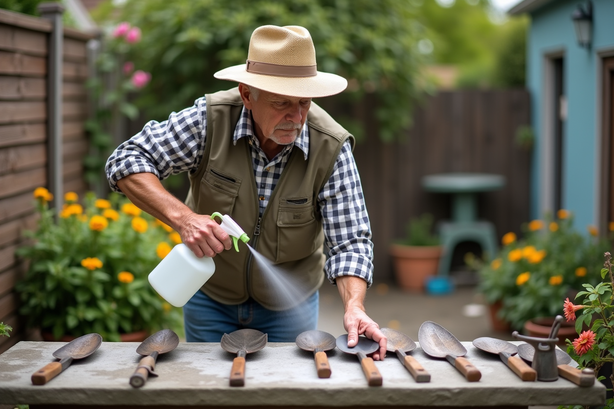 Homme âgé vaporisant désinfectant sur outils de jardin