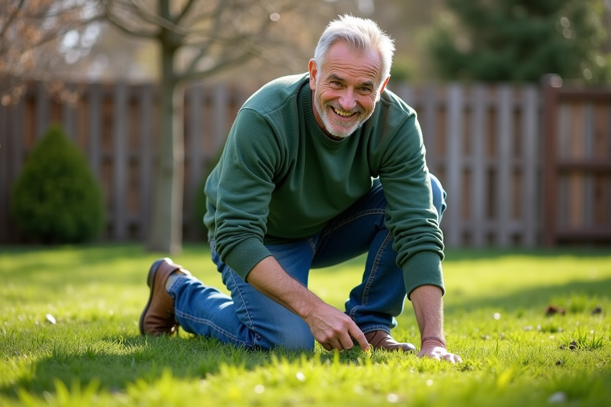 Homme d'âge moyen en jeans et pull vert arrosant la pelouse