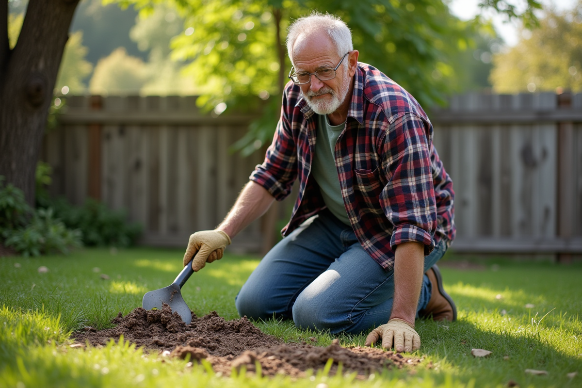 Homme d'âge moyen en jeans et gants de jardinage semant du gravier