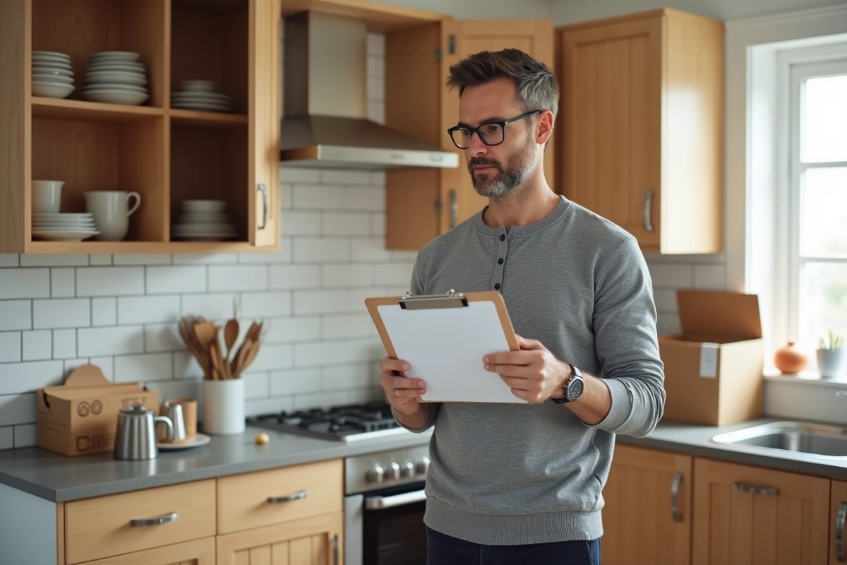 Homme consultant une liste lors de l'organisation d'une cuisine après un emménagement