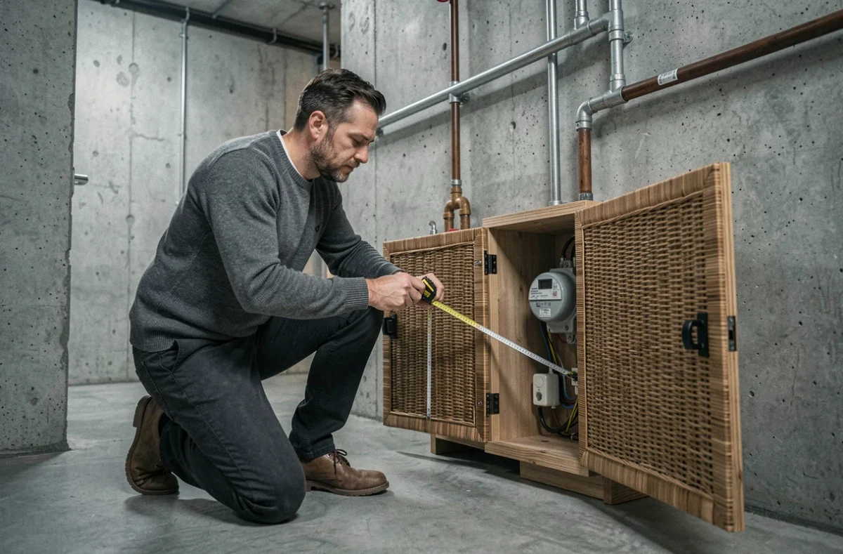 Homme mesurant un meuble cache compteur électrique en osier dans une pièce technique à murs en béton
