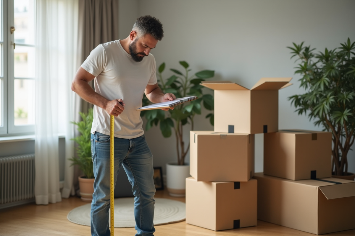 Homme mesurant des cartons de déménagement dans un salon moderne