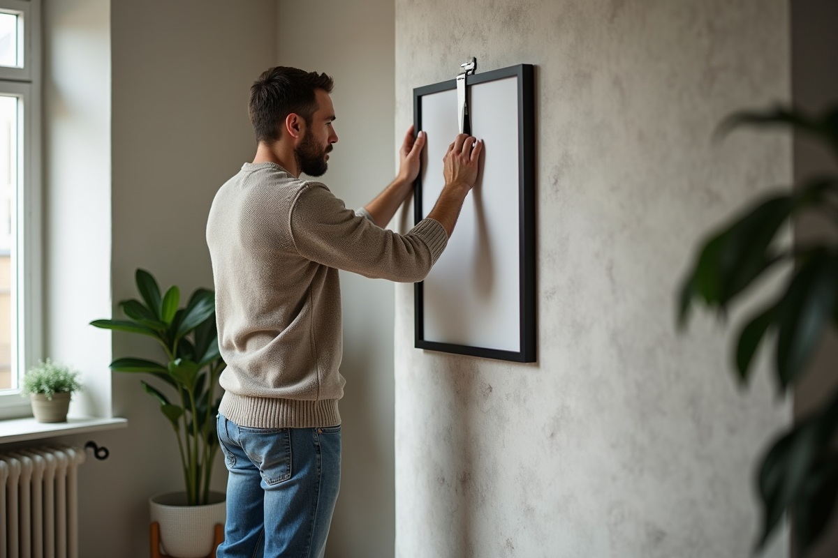 Homme d'âge moyen accrochant un tableau dans un salon moderne