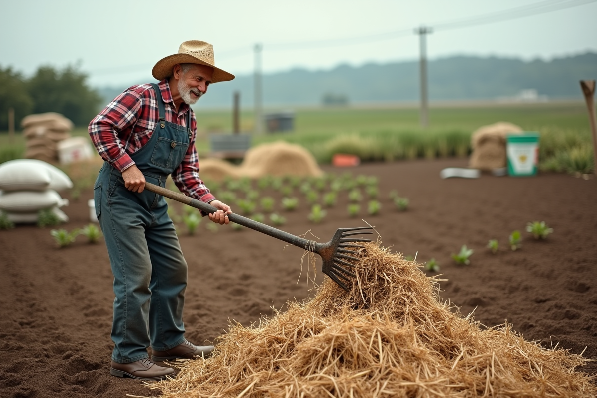 Homme âgé étalant de la paille sur la terre avec un fourche