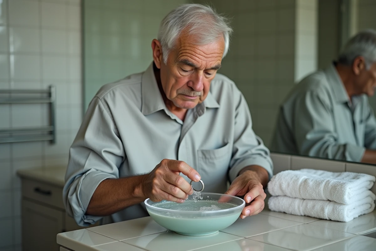 Homme âgé nettoyant une bague en argent dans un bain