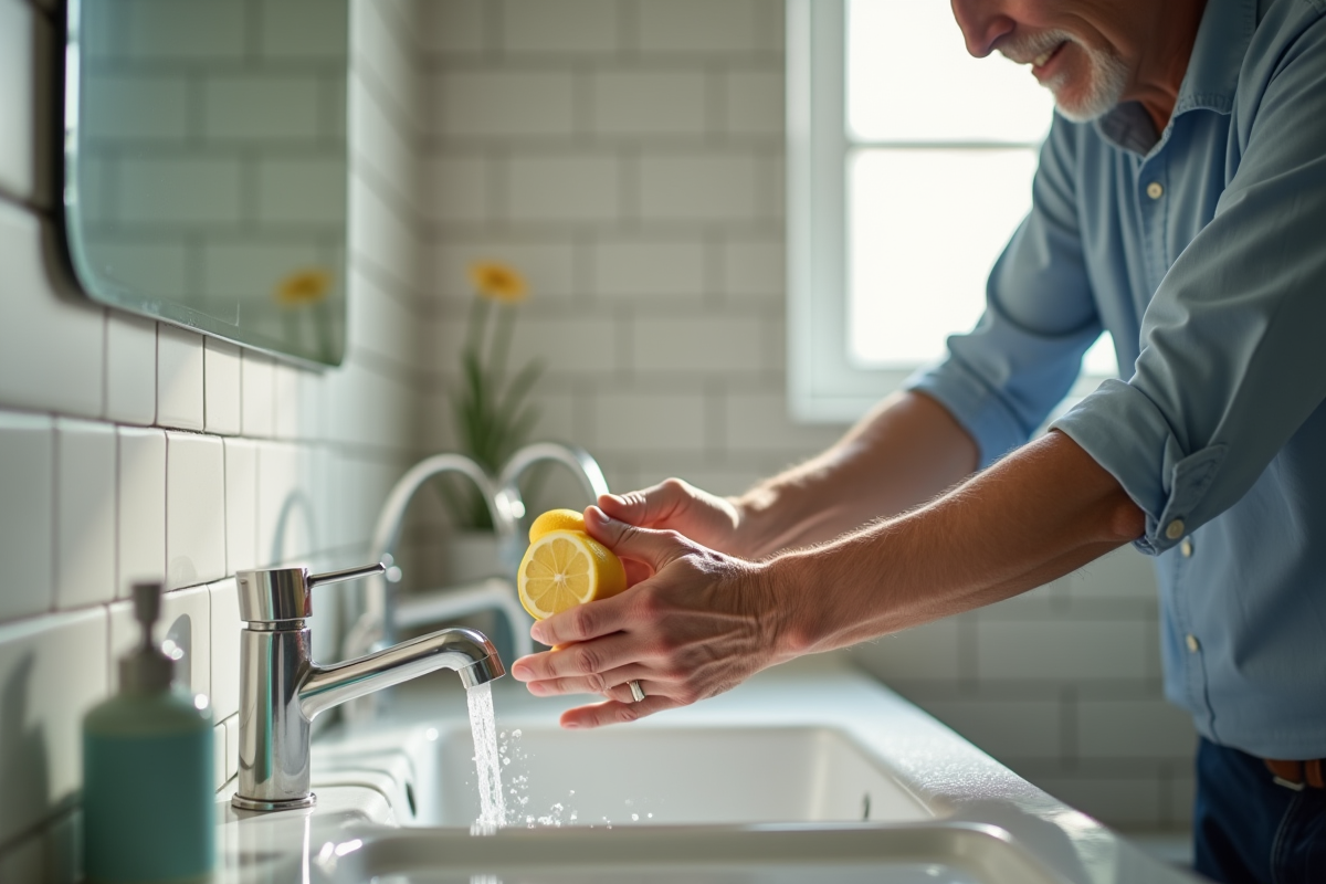 Homme âgé frottant un robinet avec une tranche de citron