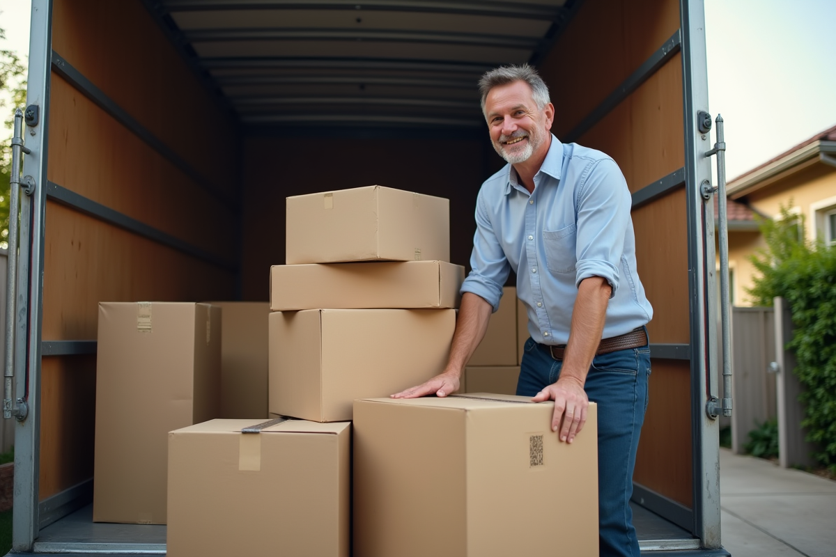 Homme arrangeant des cartons dans un camion de déménagement