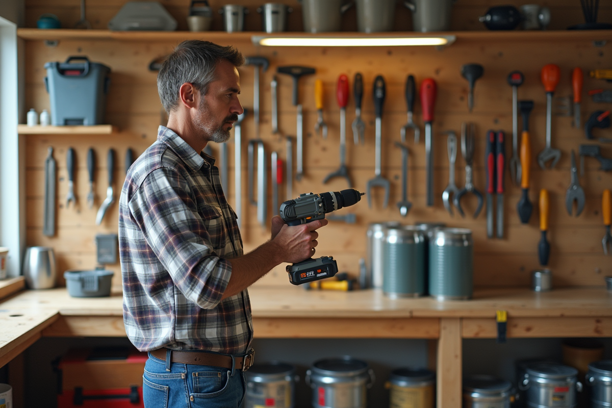 Homme moyenâgeux choisissant un outil dans un atelier lumineux