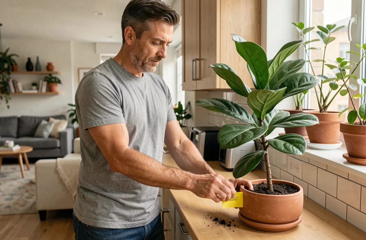 Homme installant un piège collant jaune contre les moucherons dans une plante d'intérieur
