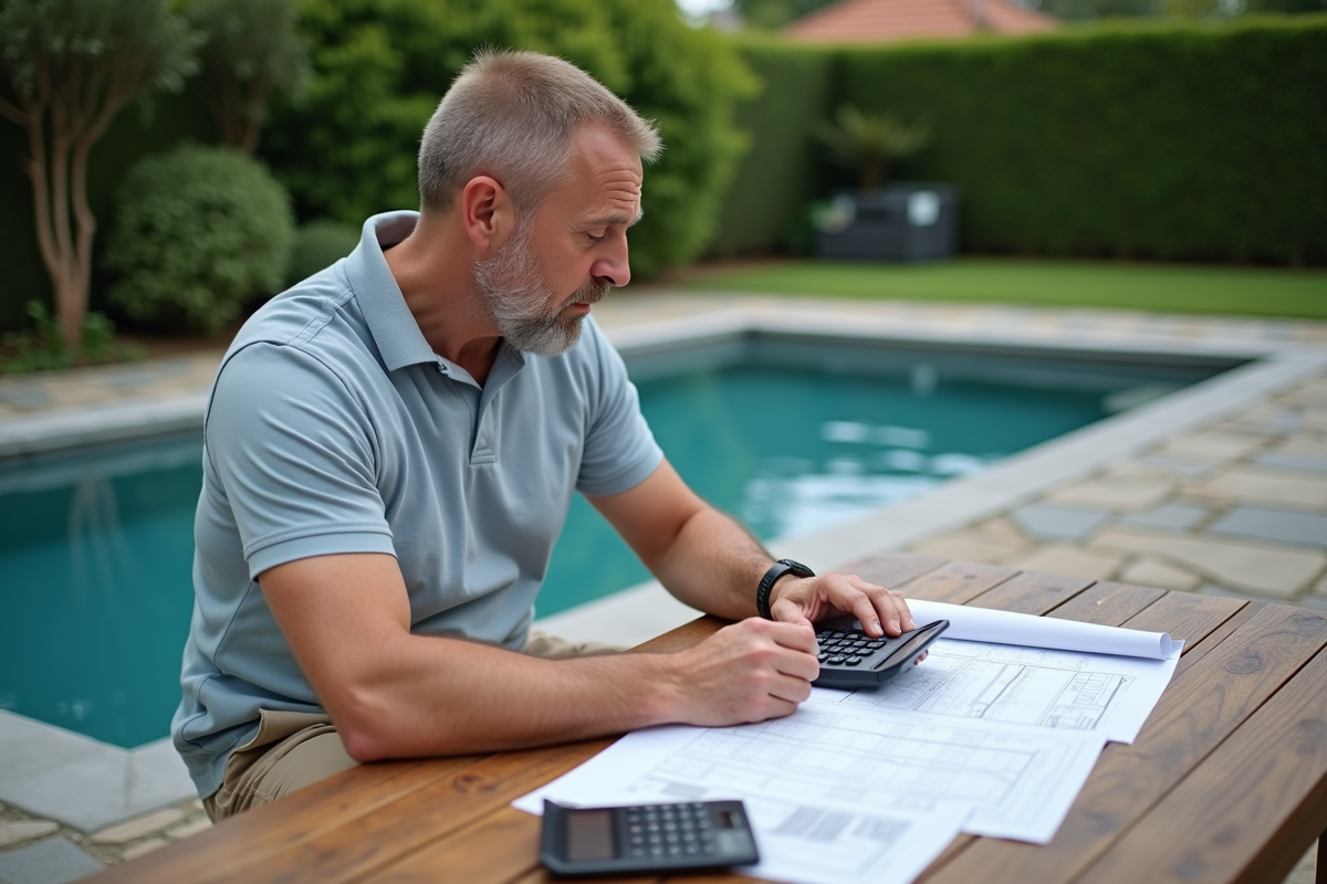 Homme d'âge moyen examinant des plans de piscine dans son jardin