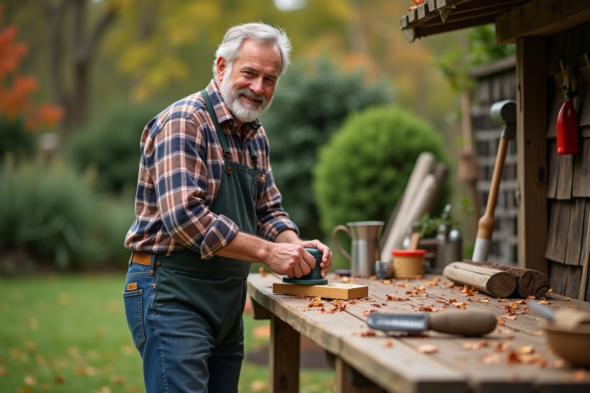 Homme d'âge moyen ponçant un manche en bois dans le jardin