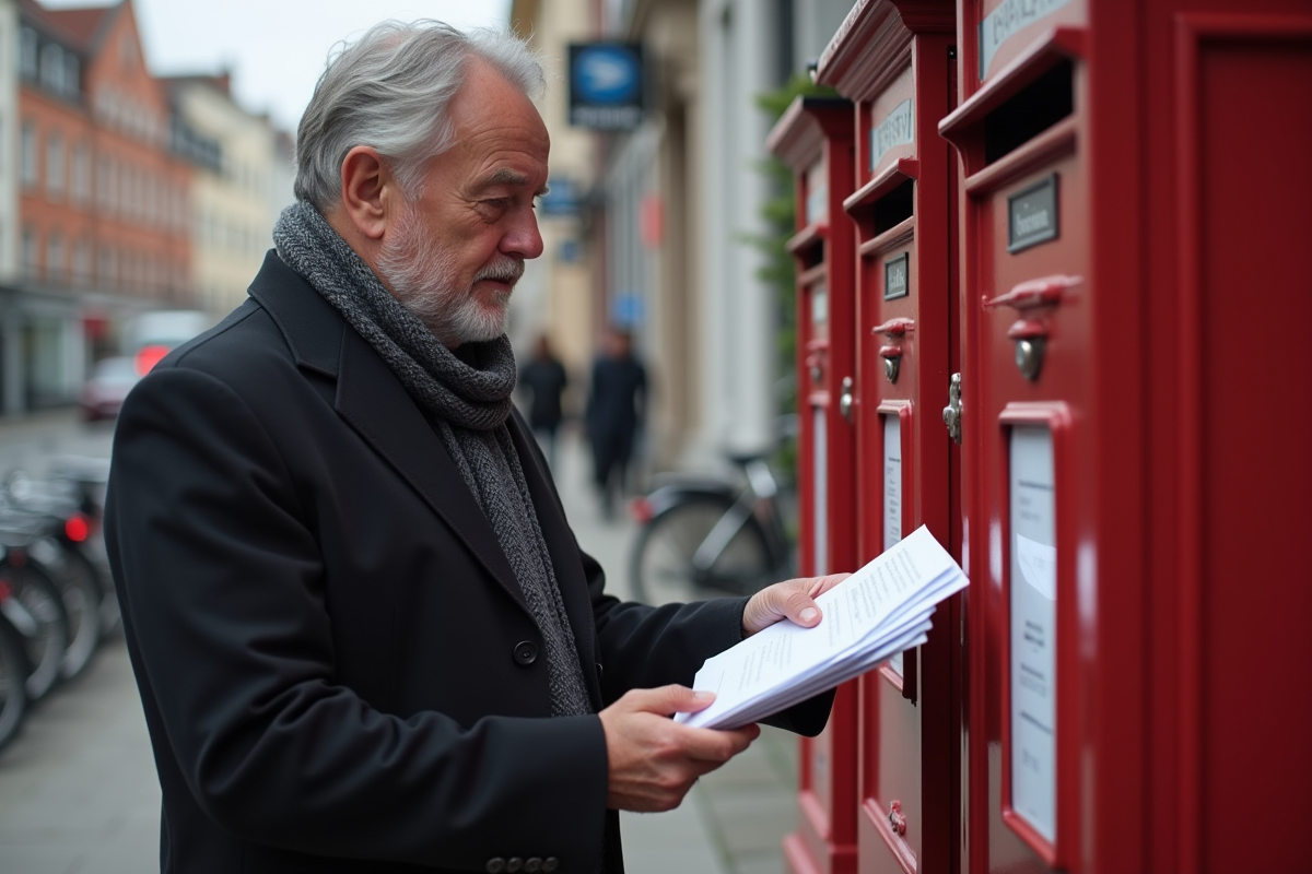 Homme habille professionnellement postant du courrier en ville