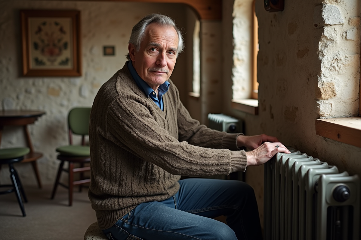 Homme d'âge moyen ajustant un radiateur en pierre dans un salon rustique
