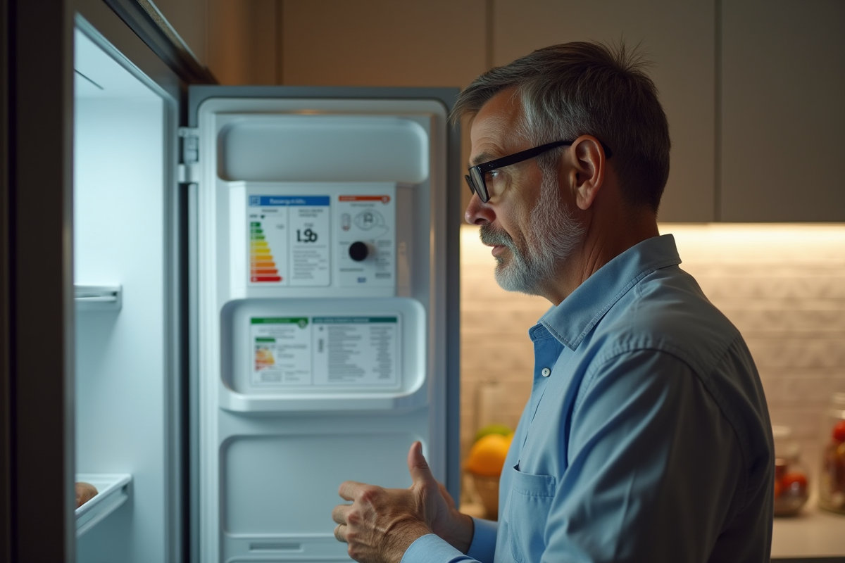 Homme d'âge moyen regardant l'étiquette du frigo