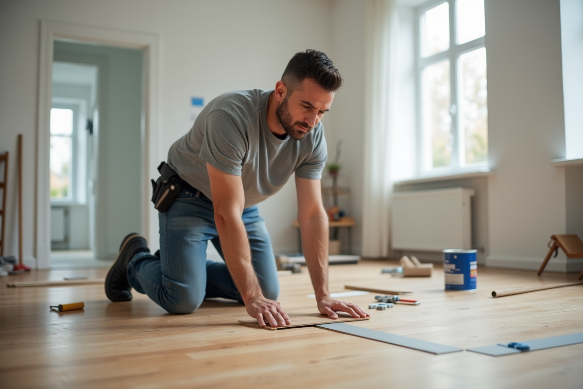 Homme en jeans appliquant du laminate au sol