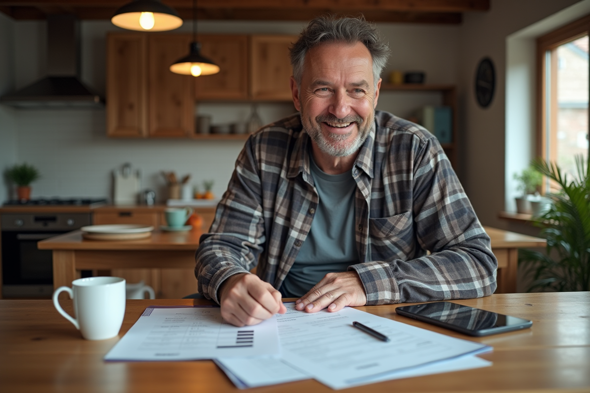 Homme d'âge moyen vérifiant des factures de rénovation de toiture