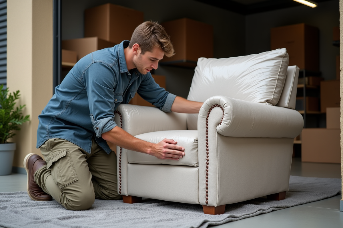 Jeune homme fixant un fauteuil dans un garage