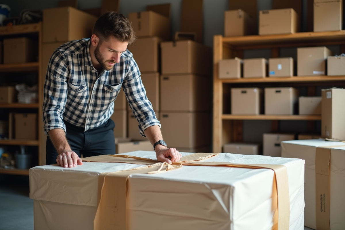 Homme sécurisant une table protégée avec du ruban