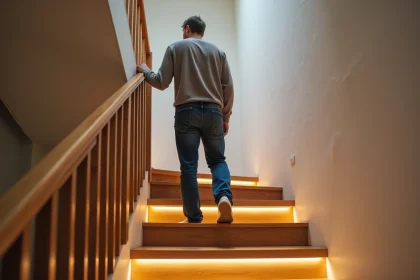 Homme d'âge moyen sur escalier éclairé par LED dans maison moderne