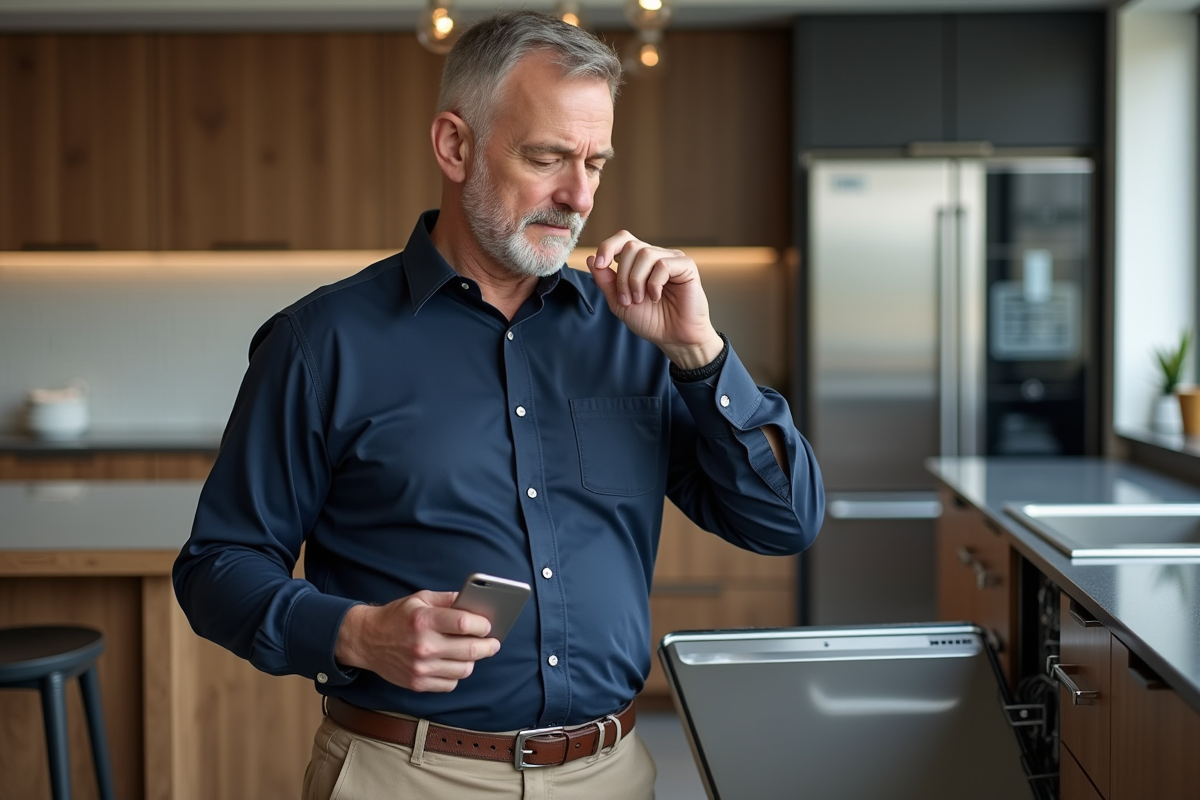 Homme inspectant un lave-vaisselle moderne dans une cuisine