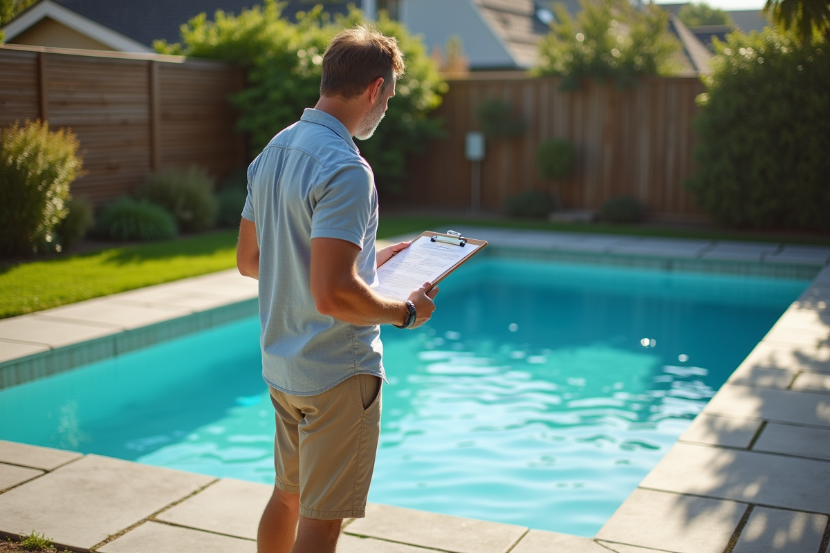 Homme d'âge moyen vérifiant une piscine dans un jardin privé