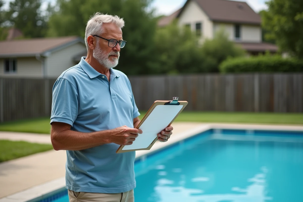 Homme d'âge moyen vérifiant la documentation de la piscine dans le jardin