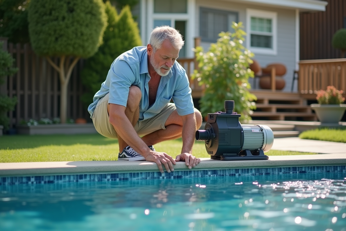 Homme d'âge moyen vérifiant la pompe de la piscine moderne
