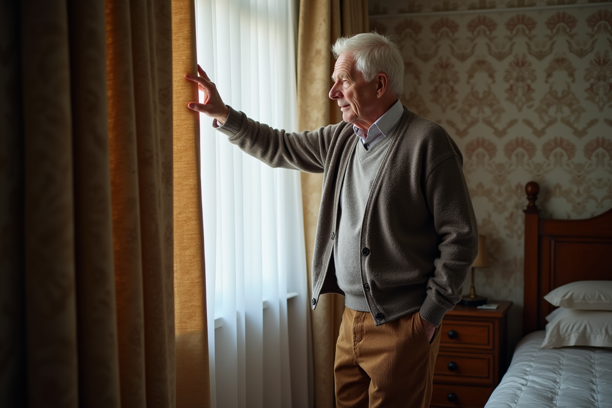Homme âgé inspectant un rideau occultant dans une chambre chaleureuse