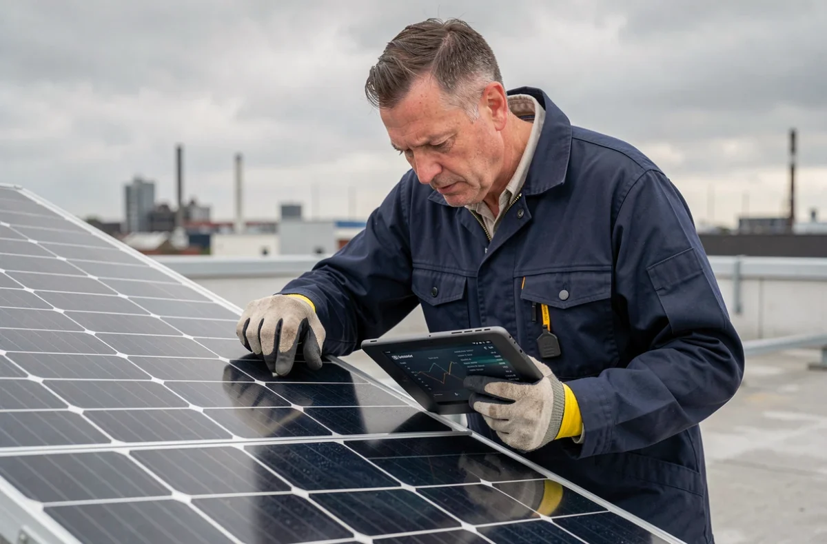 Ingénieur inspectant un panneau solaire de fabrication allemande sur un toit commercial avec tablette de diagnostic
