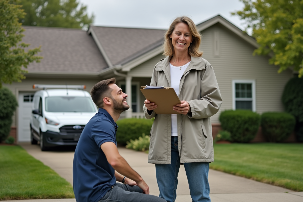 Femme souriante vérifiant un devis de toiture avec un professionnel
