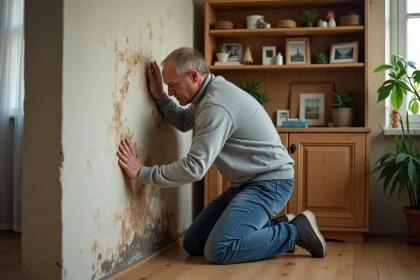 Homme inspectant un mur humide dans un salon chaleureux