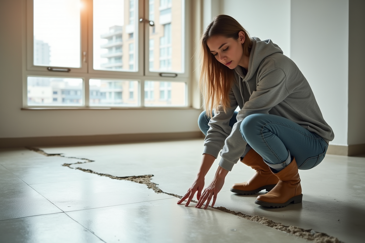 Jeune femme inspectant un sol en béton fini dans un appartement