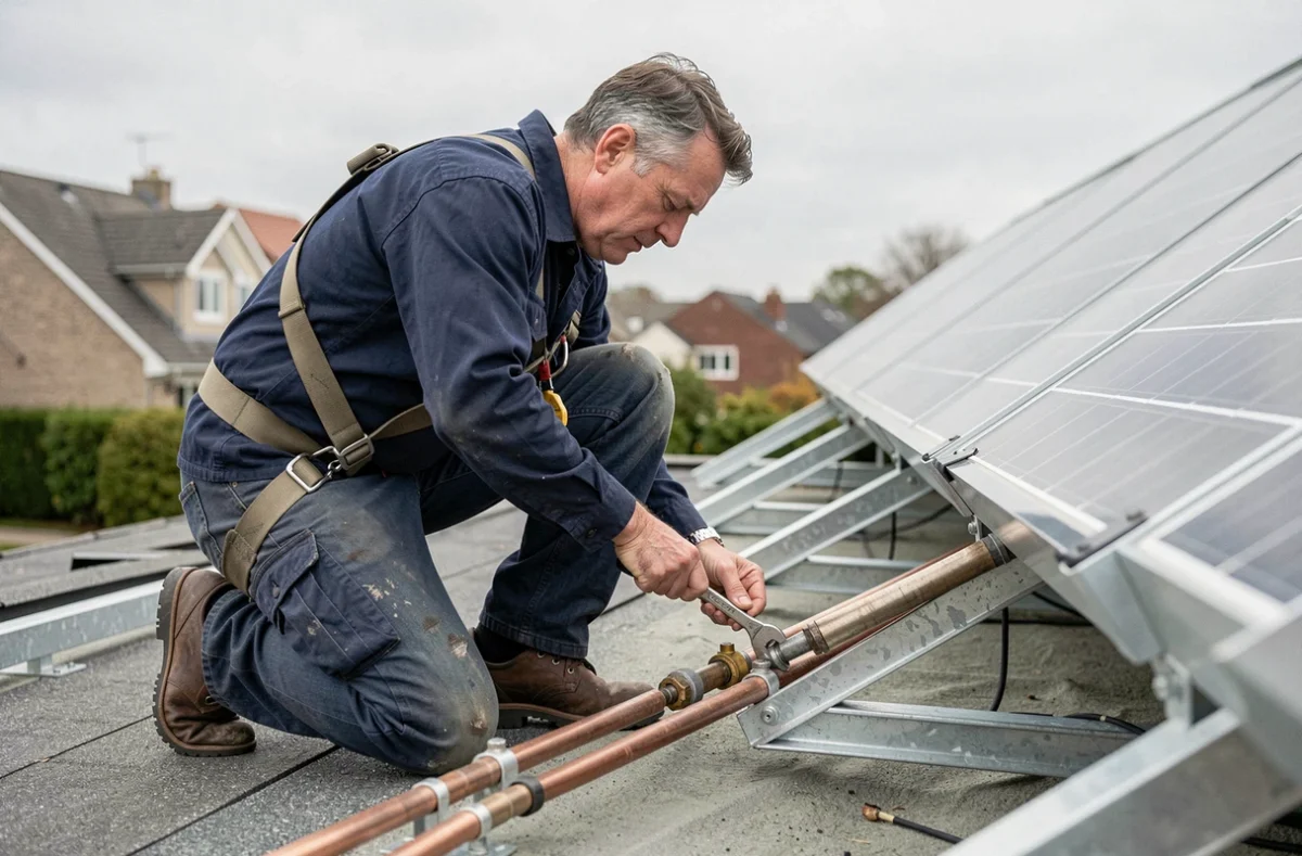 Technicien installant un chauffe-eau solaire sur un toit en tuiles lors d'une pose professionnelle