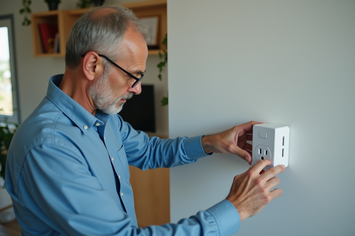 Homme moyen âge installe un dispositif d'économie d'énergie sur une prise