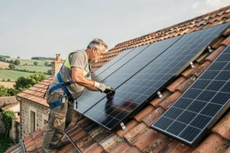 Artisan installateur posant des panneaux solaires photovoltaïques sur une toiture en tuiles d'une maison individuelle en France