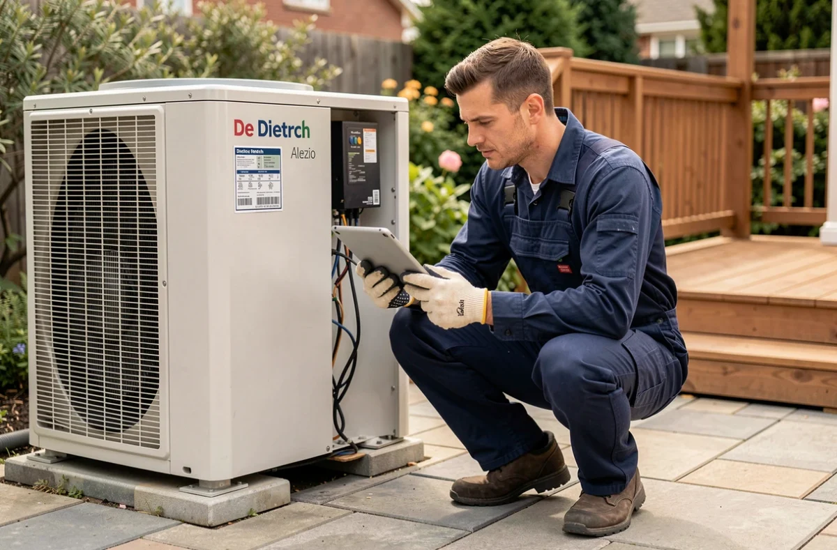 Technicien installant une pompe à chaleur De Dietrich Alezio 11 kW dans un jardin résidentiel