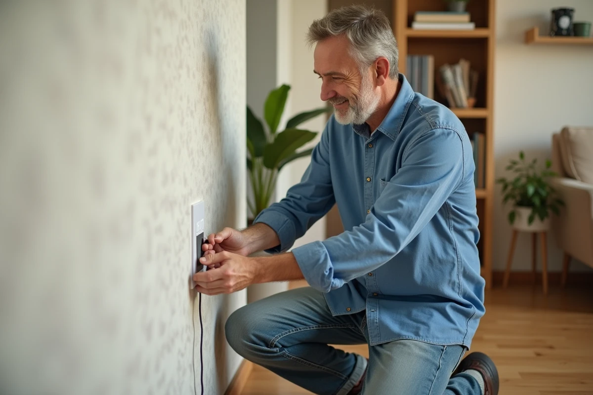 Homme en bleu installe une prise téléphonique dans un salon