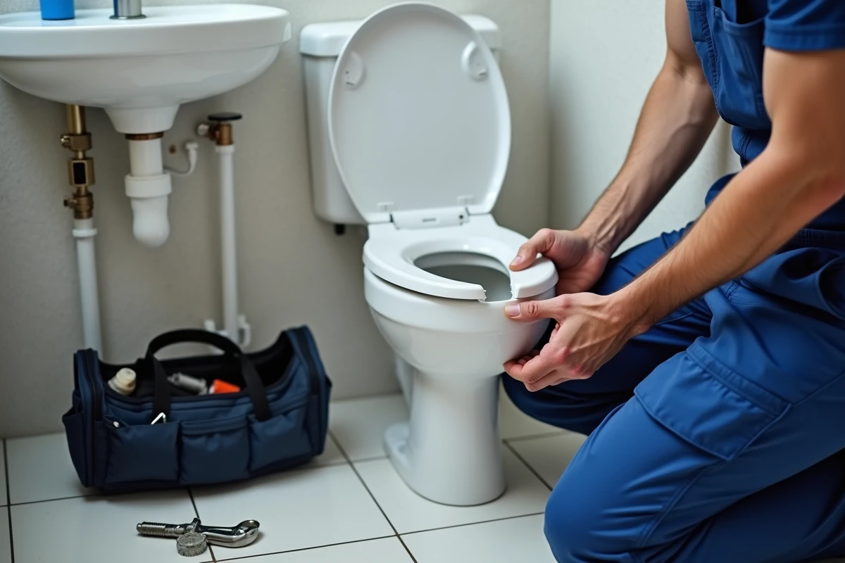 Plombier installant un réservoir de lave-main WC avec mécanisme de remplissage visible pendant la pose