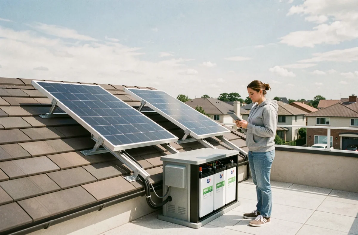 Femme inspectant une installation solaire avec panneaux 400W et batteries gel sur une terrasse de maison