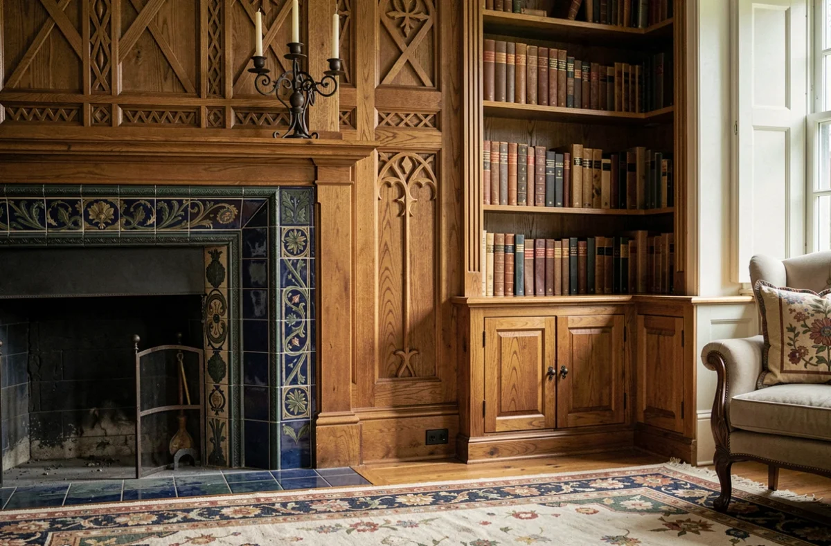 Intérieur d'une maison Arts and Crafts française avec boiseries en chêne sculptées à la main, carreaux de céramique peints sur la cheminée et bibliothèque intégrée en bois artisanal