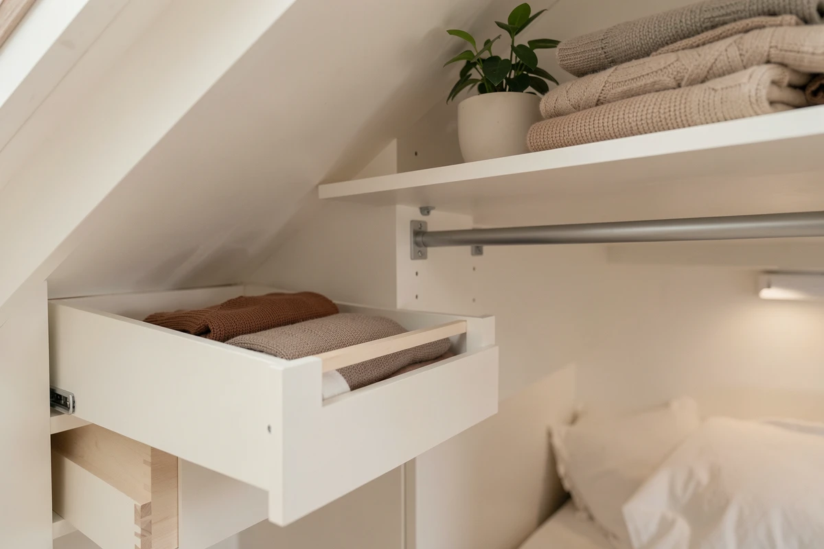 Intérieur d'un meuble comble pente blanc avec tiroirs et tablettes ajustables adaptés à la pente du toit mansardé