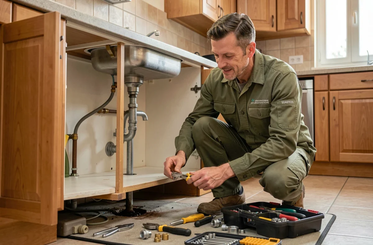 Technicien Jad G. Sud Services GLT réparant une canalisation sous un évier dans une maison du sud de la France