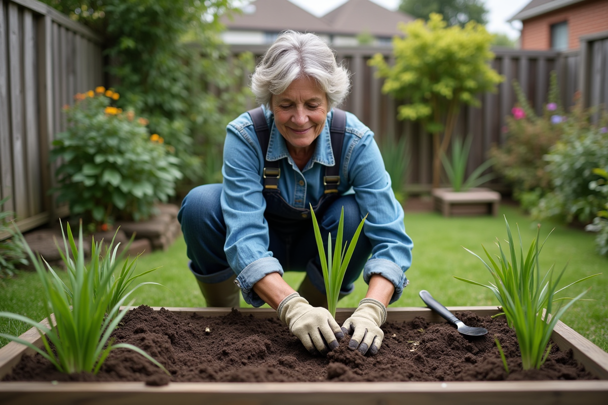Femme en salopette plante un lys dans le sol du jardin
