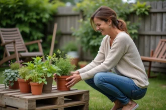 Femme d'âge moyen arrangeant des plantes en pot dans un jardin