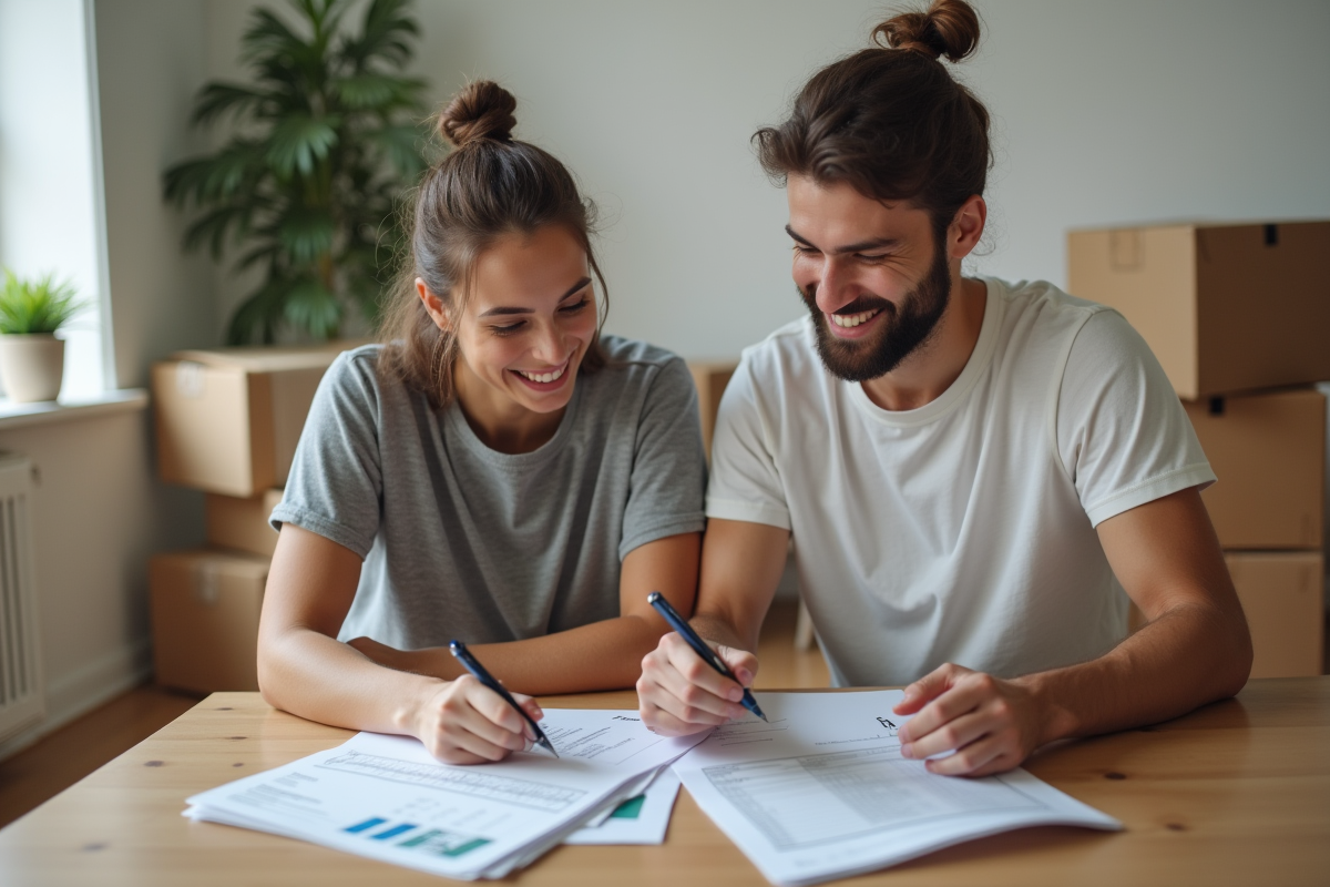 Jeune couple organisant leur déménagement à la maison